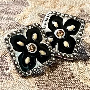 Authentic Vintage Black Enamel Square Studs with Amber Rhinestone